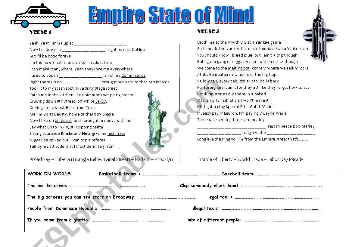 Empire state of mind jay Z worksheet