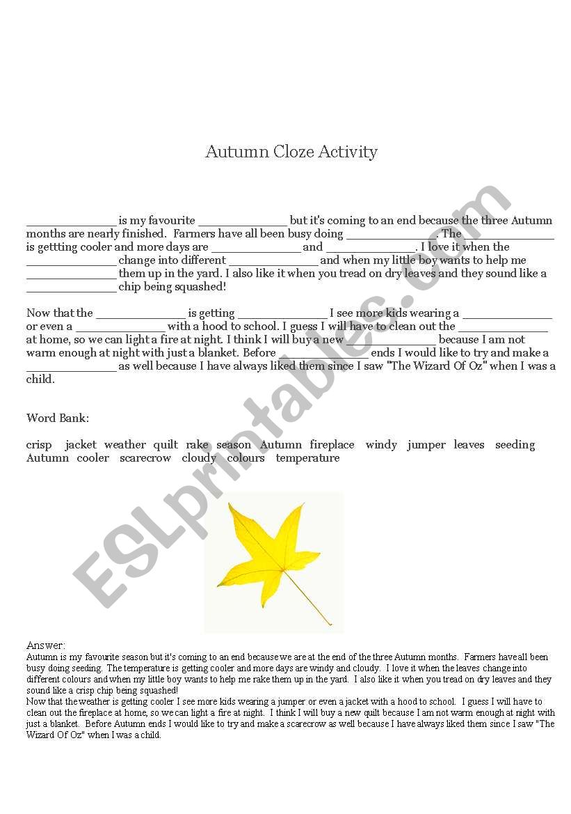 Autumn Cloze Activity worksheet
