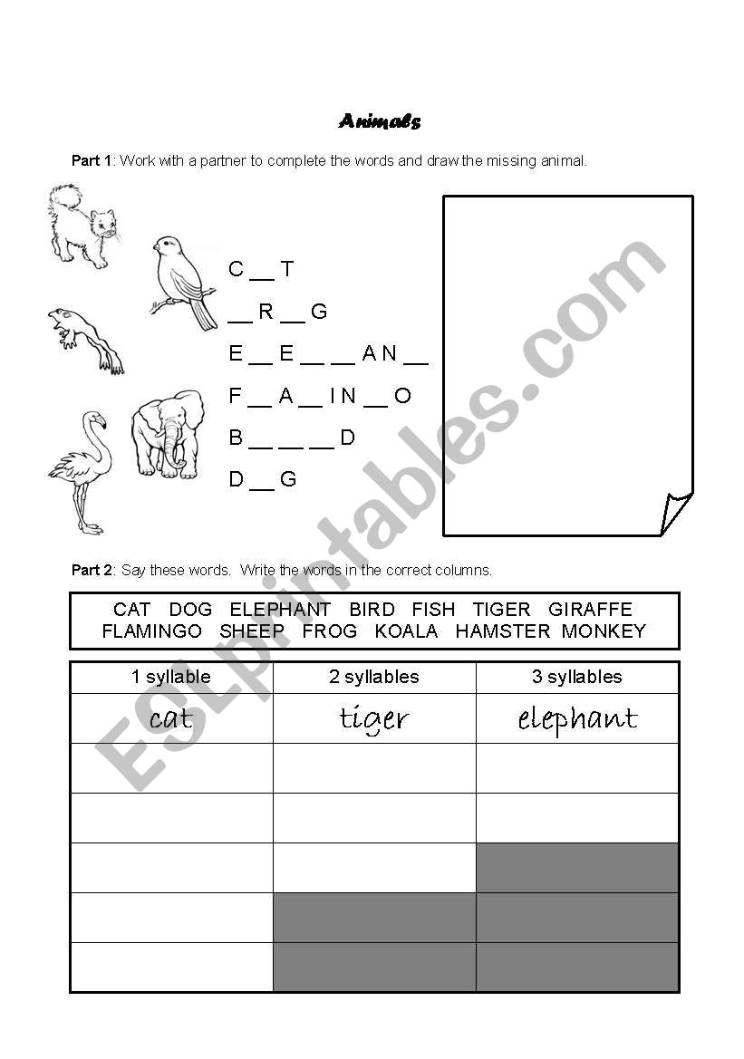 Animals worksheet