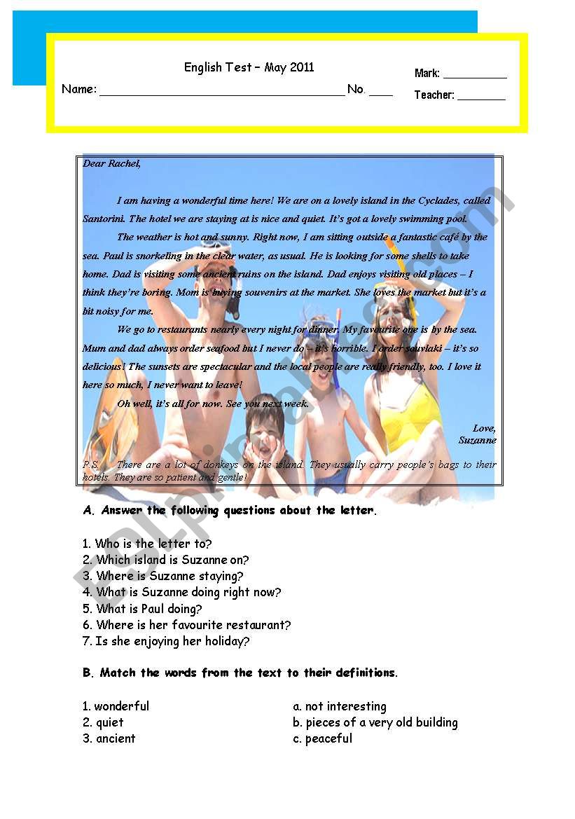 Test - A holiday in Santorini worksheet