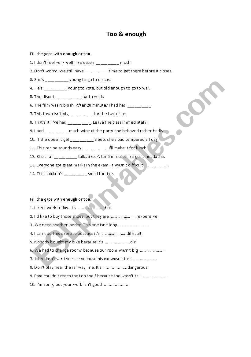 Too & Enough worksheet