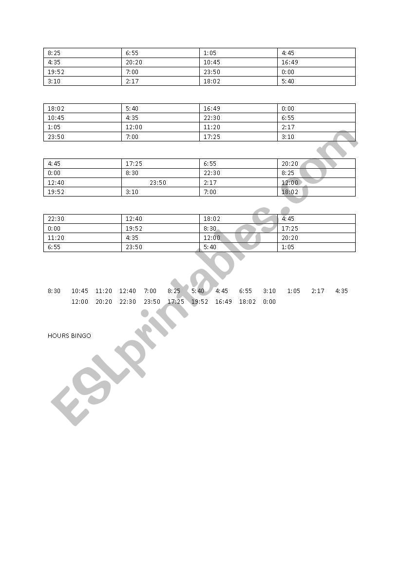 HOURS NINGO worksheet