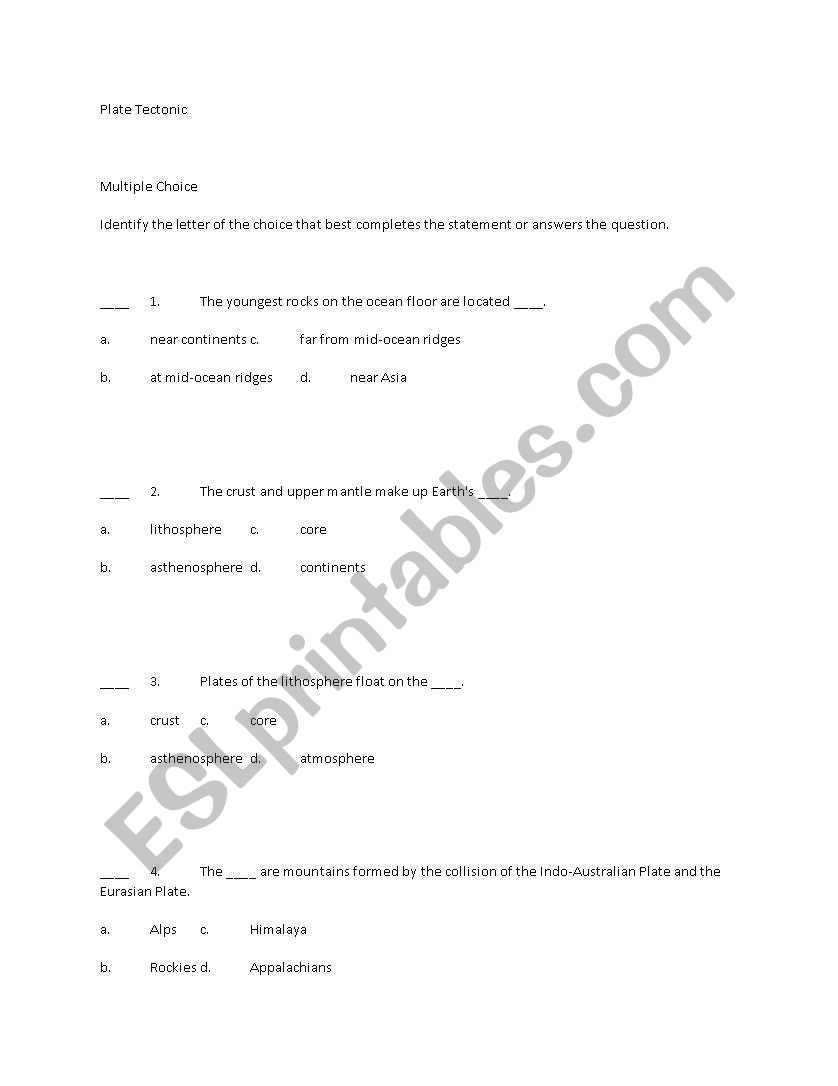 Plate Tectonic worksheet