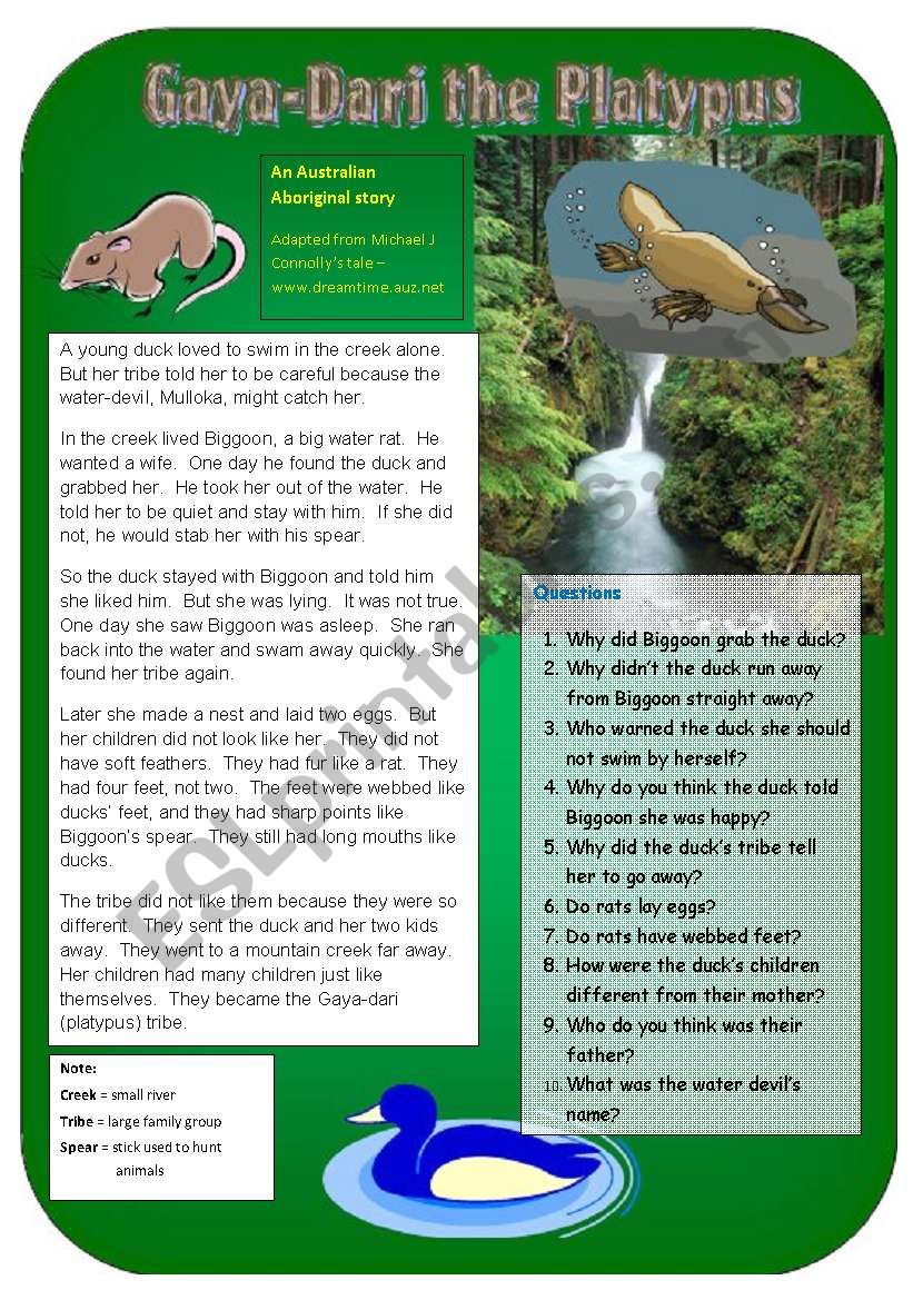 Gaya-Dari: the Platypus worksheet