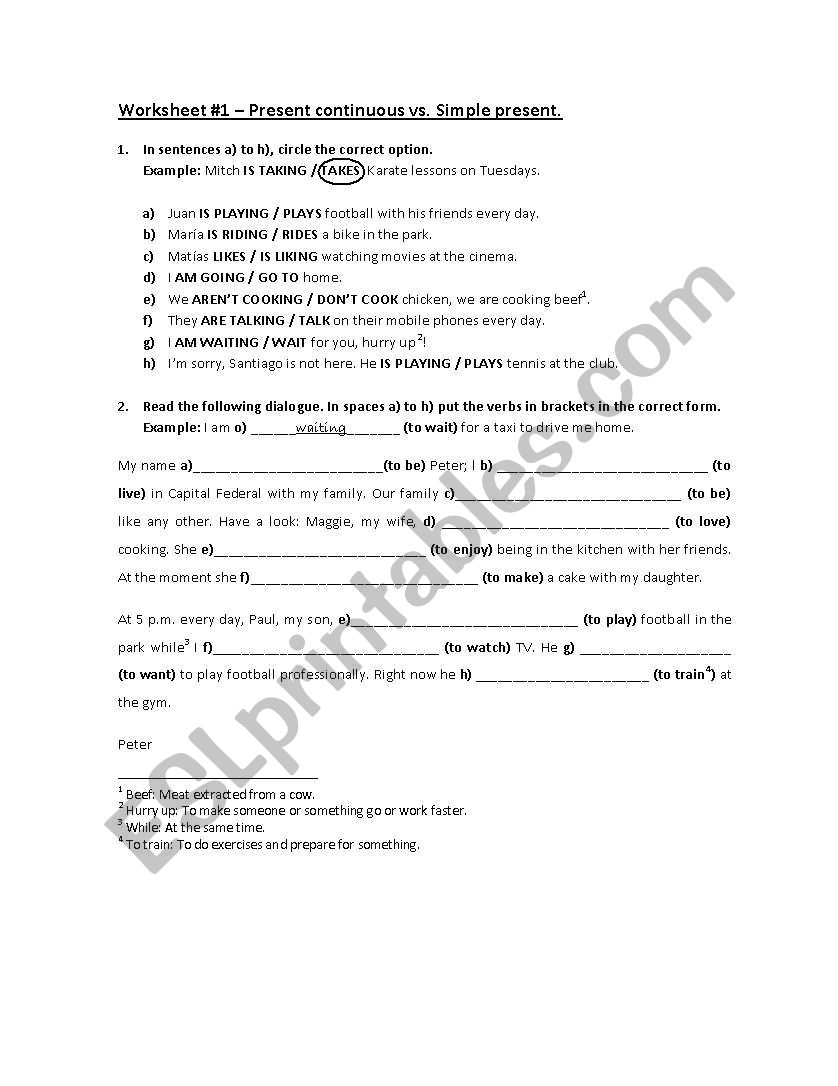 Worksheet - Simple Present vs. Present Continuous