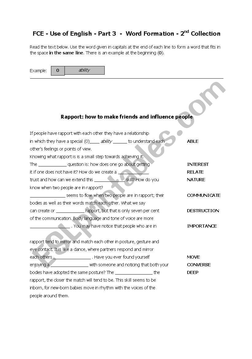 FCE Word formation Use of English Part 3