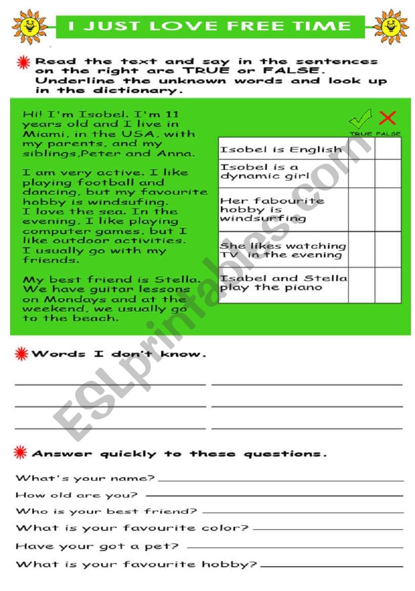 I just love free time worksheet