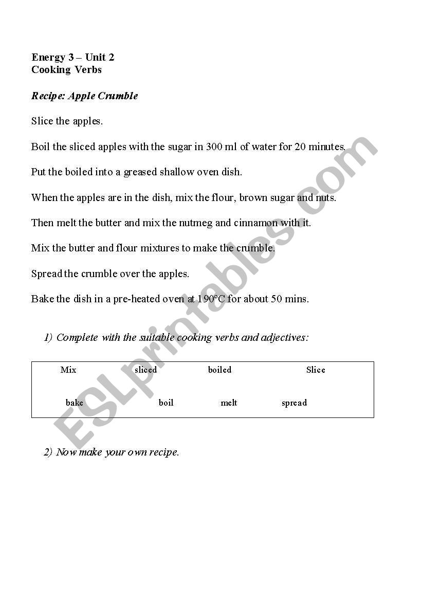Cooking verbs worksheet