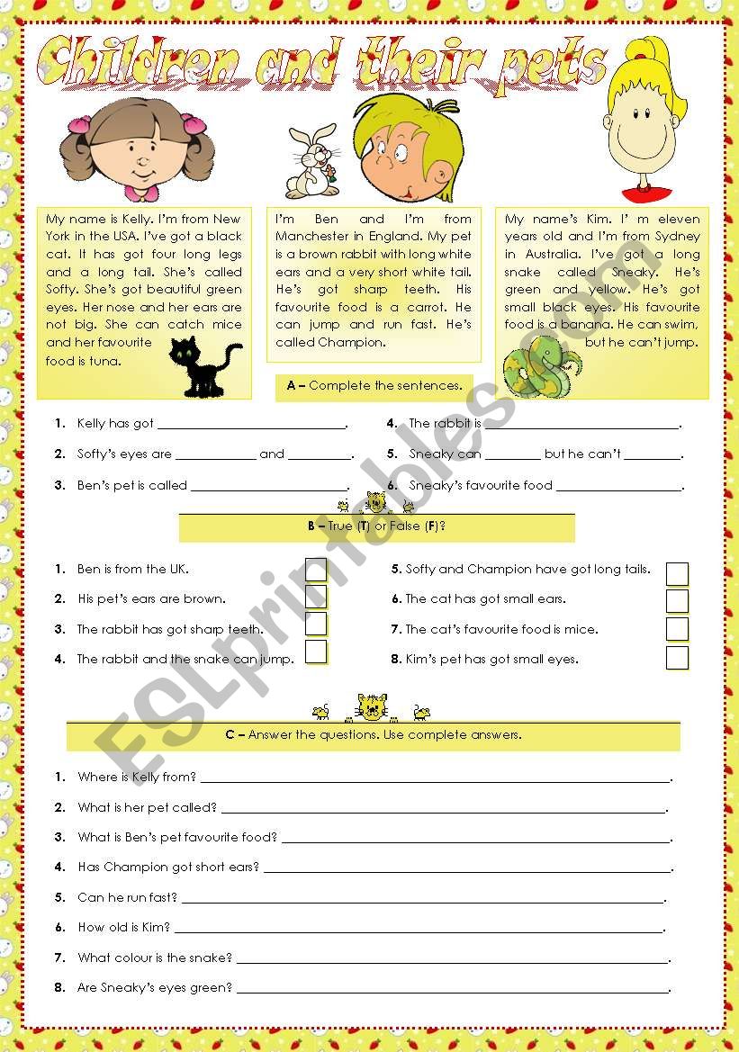 Children and their pets worksheet