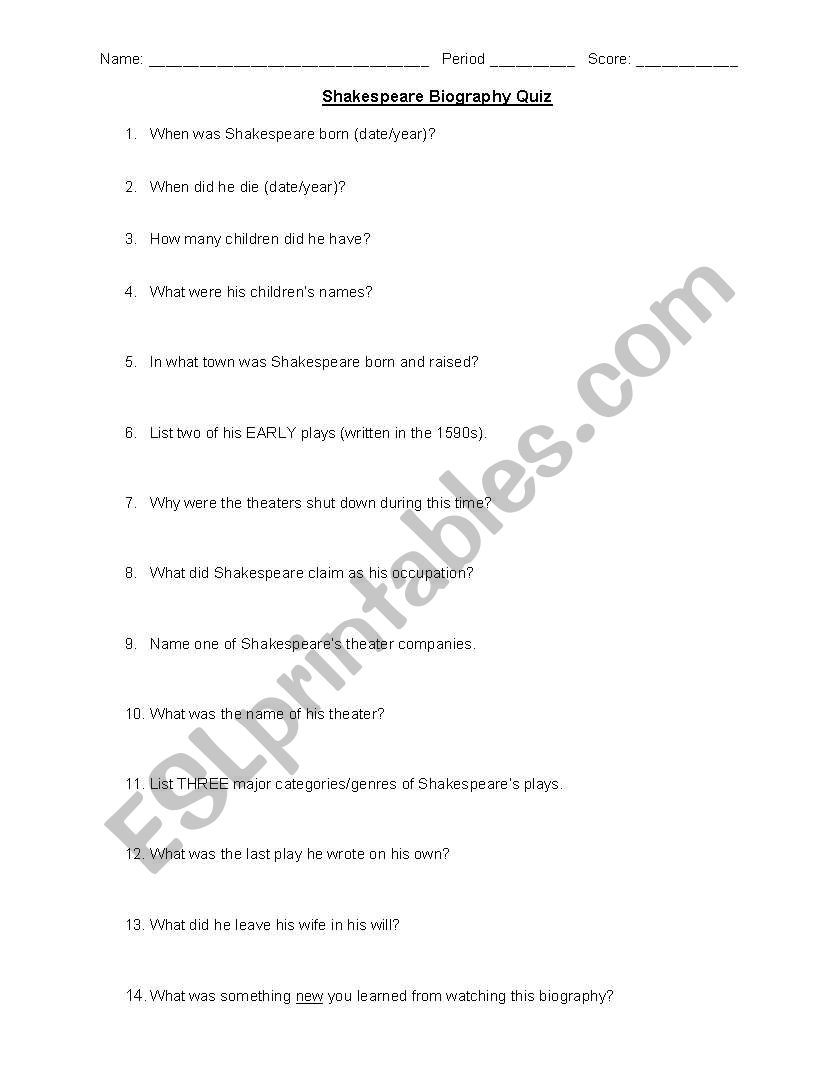 A&E Biography Shakespeare Worksheet