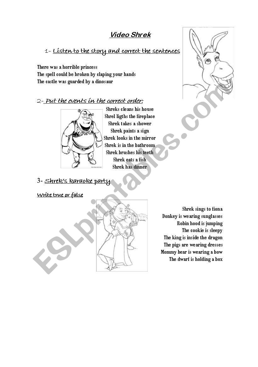 shrek video  worksheet