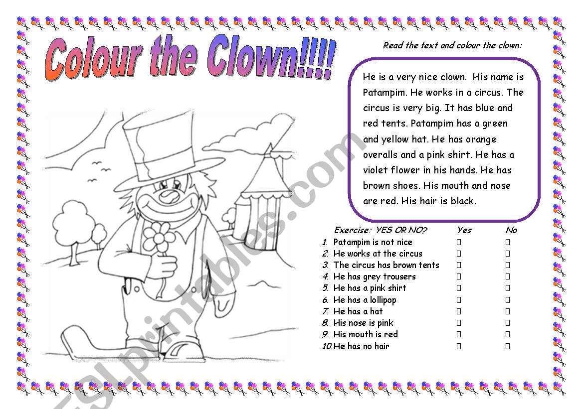 colour the clown worksheet