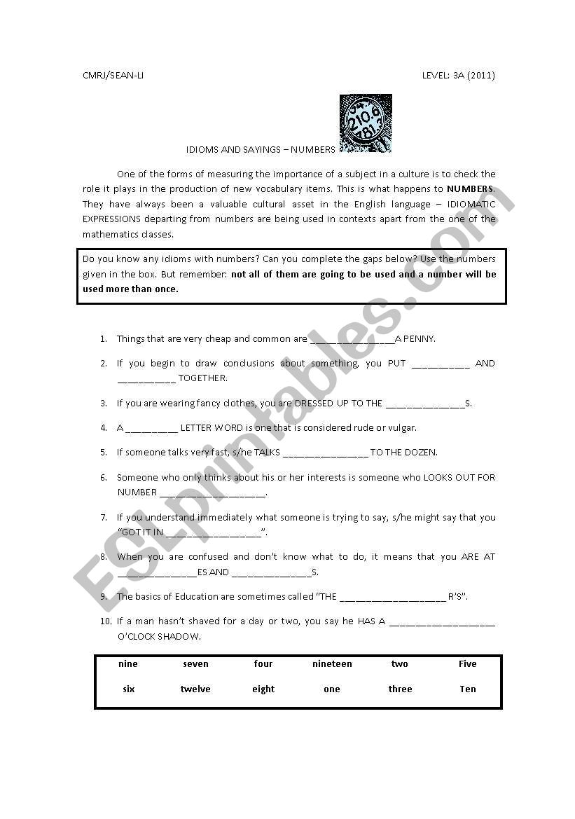 Idioms with numbers worksheet