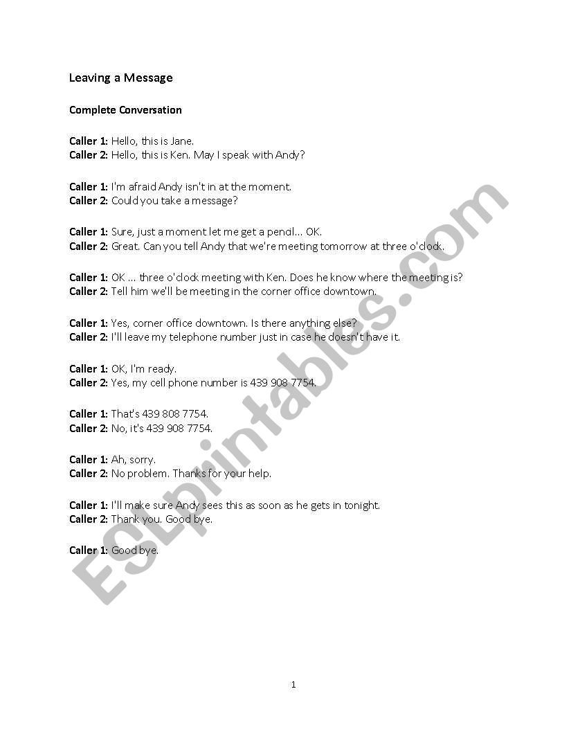 Leaving a message worksheet