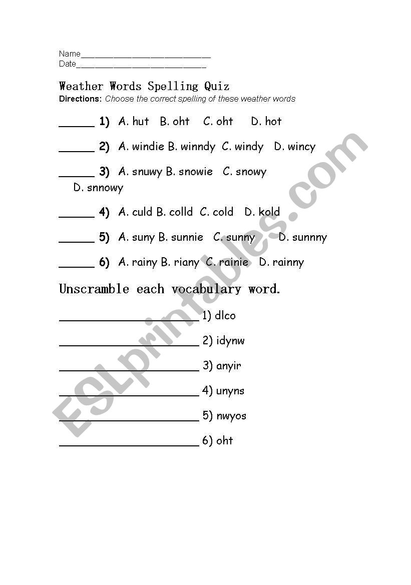 Weather Spelling worksheet