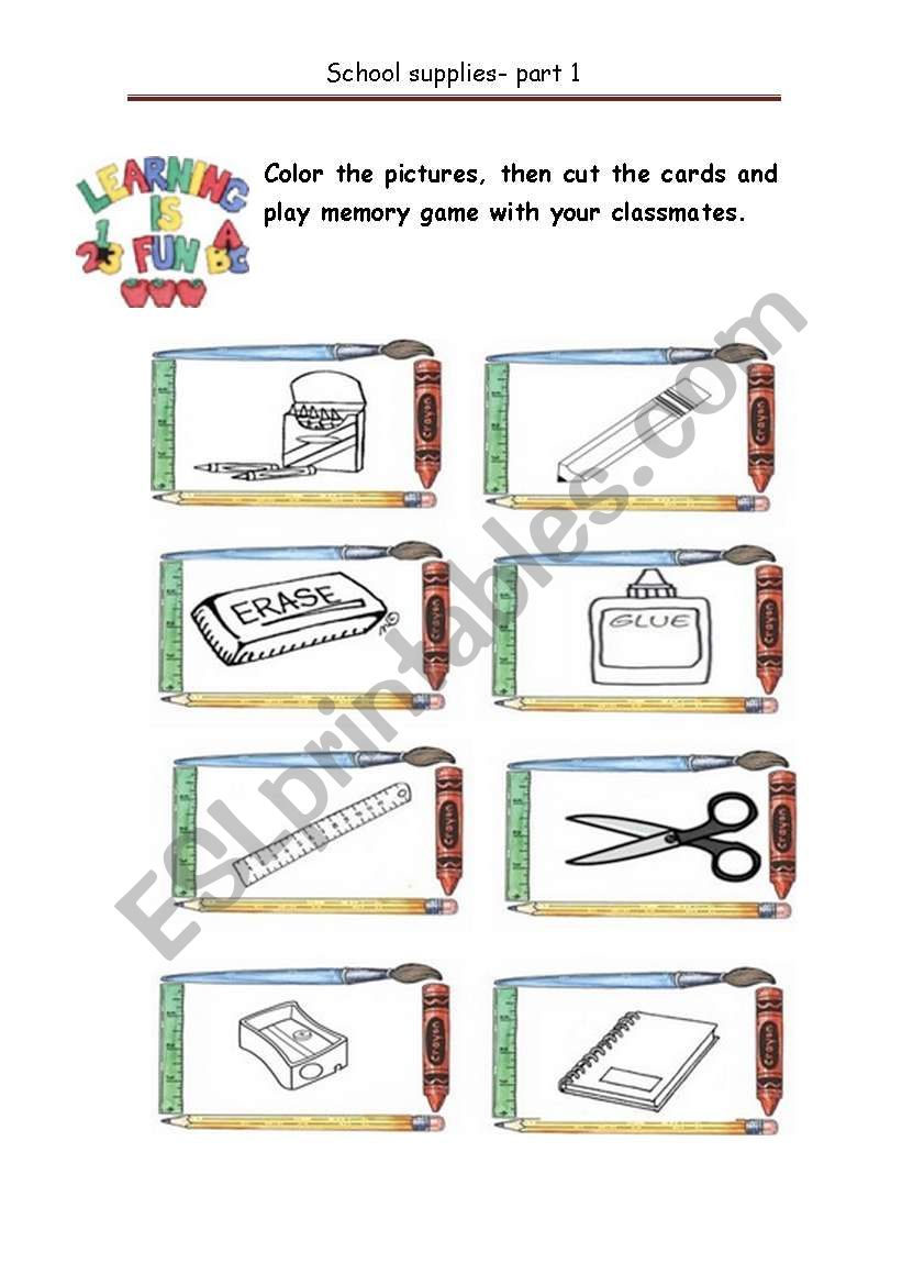 School supplies - Memory game part 1
