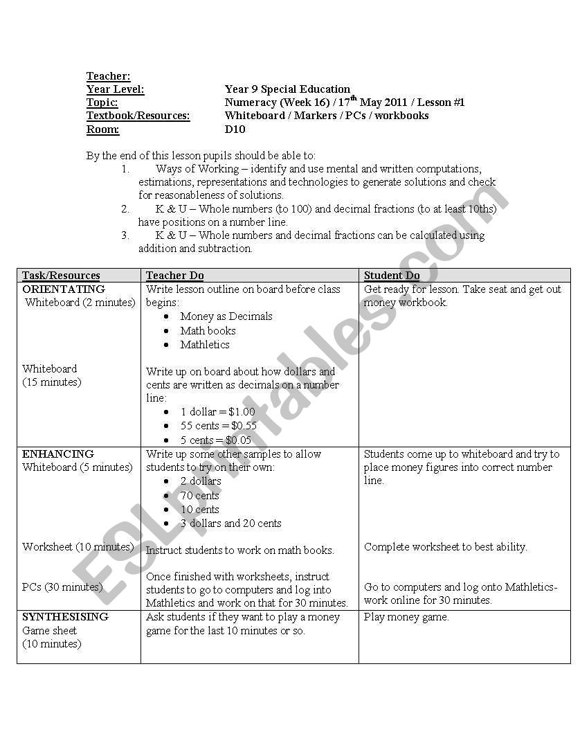 Monetary Decimal Places Lesson Plan for Special Education