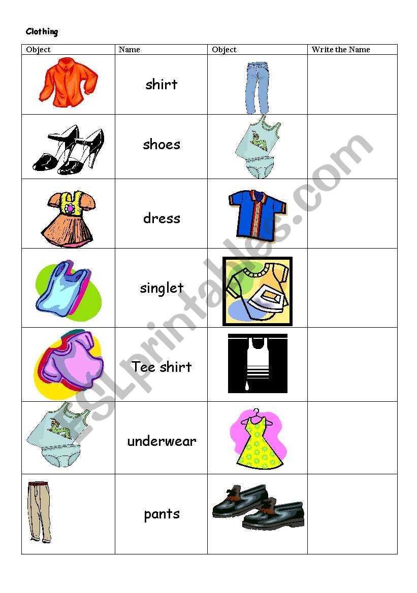 Clothing to label and write ESL worksheet by Aureen
