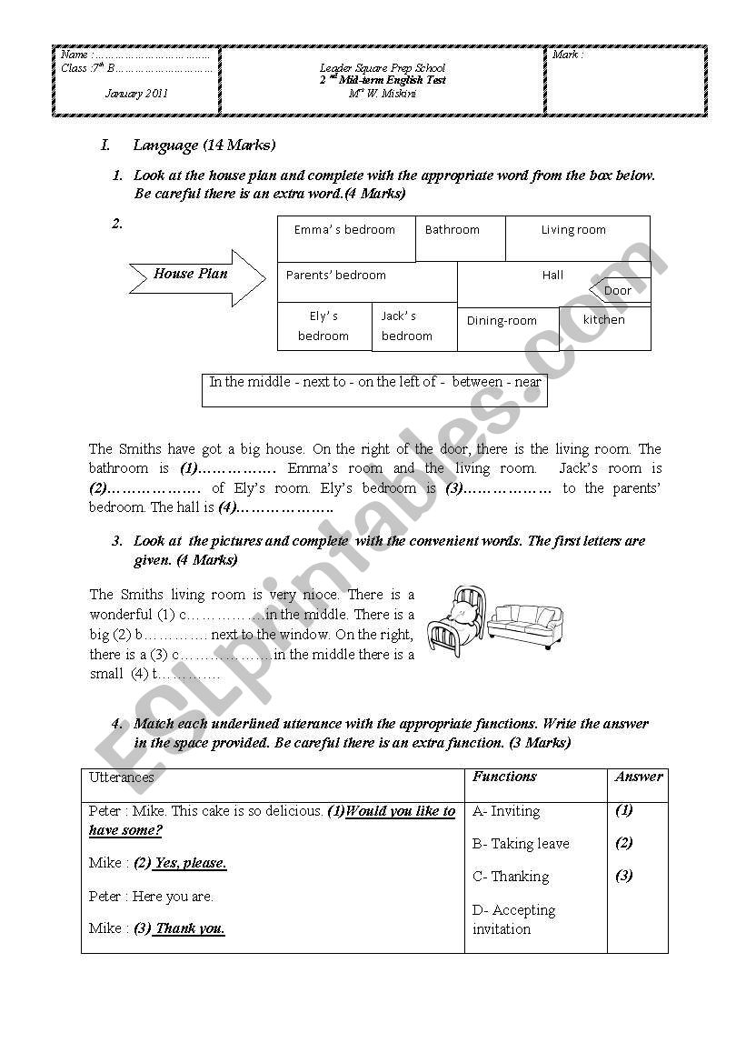 Test about furniture worksheet