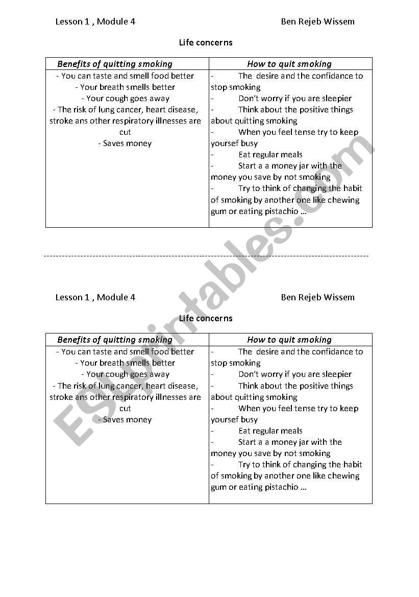 life concerns: smoking worksheet