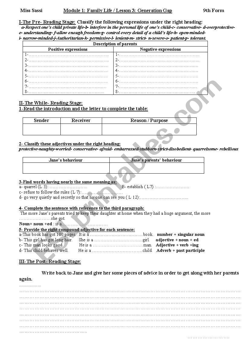 module one:lesson 3 9th form worksheet