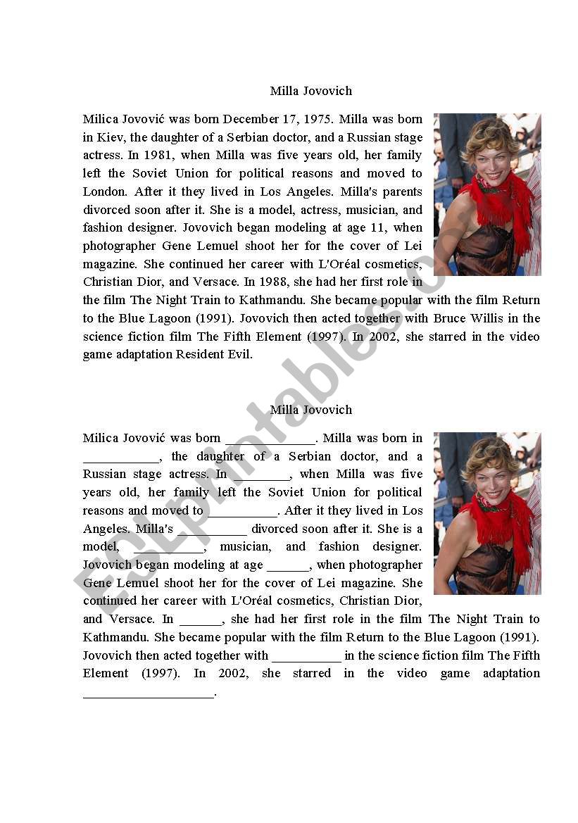 Biographies 4 Milla Jovovich worksheet