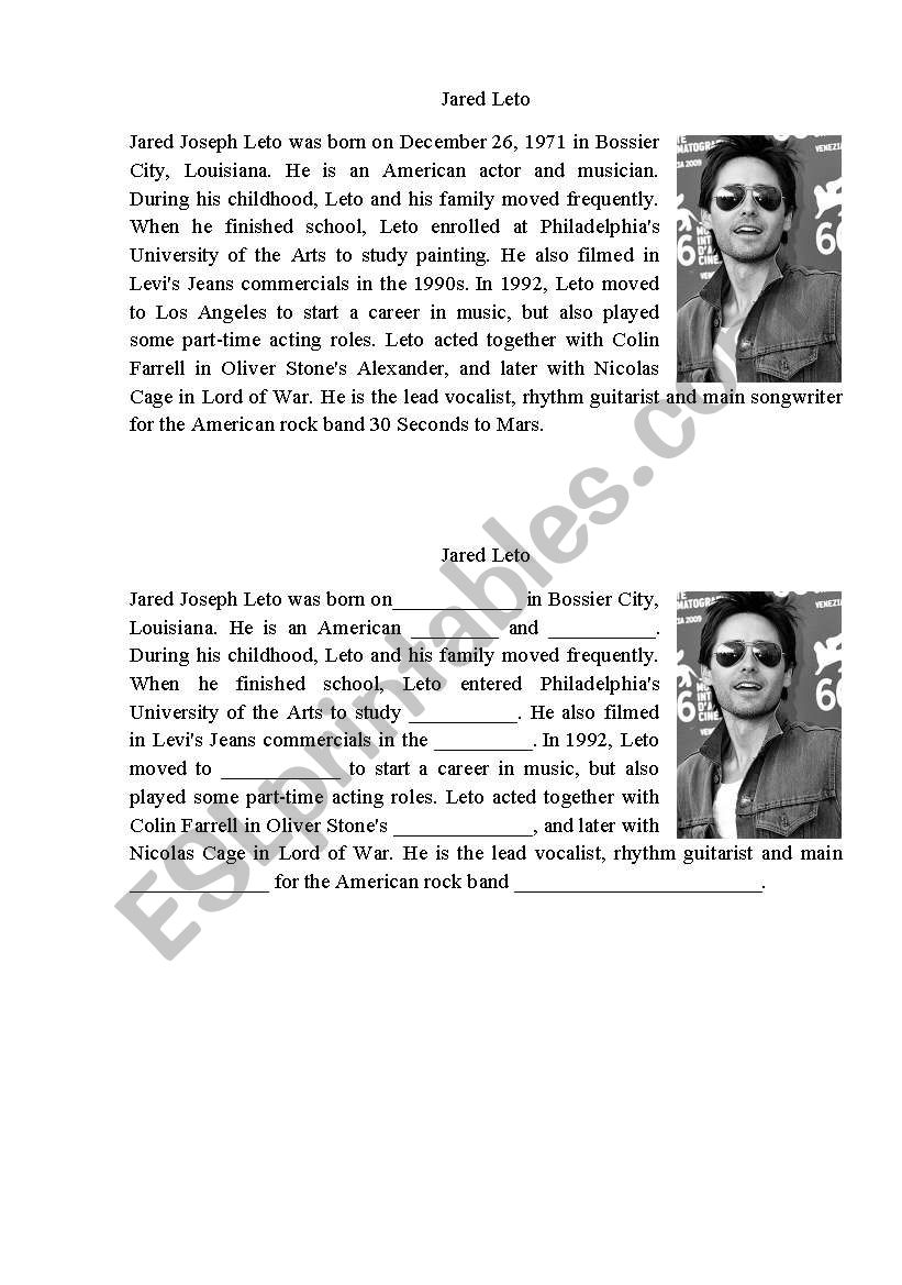 Biographies 2 Jared Leto worksheet