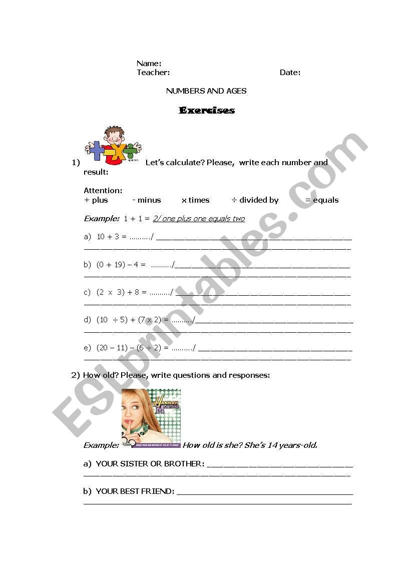 NUMBERS AND AGES worksheet
