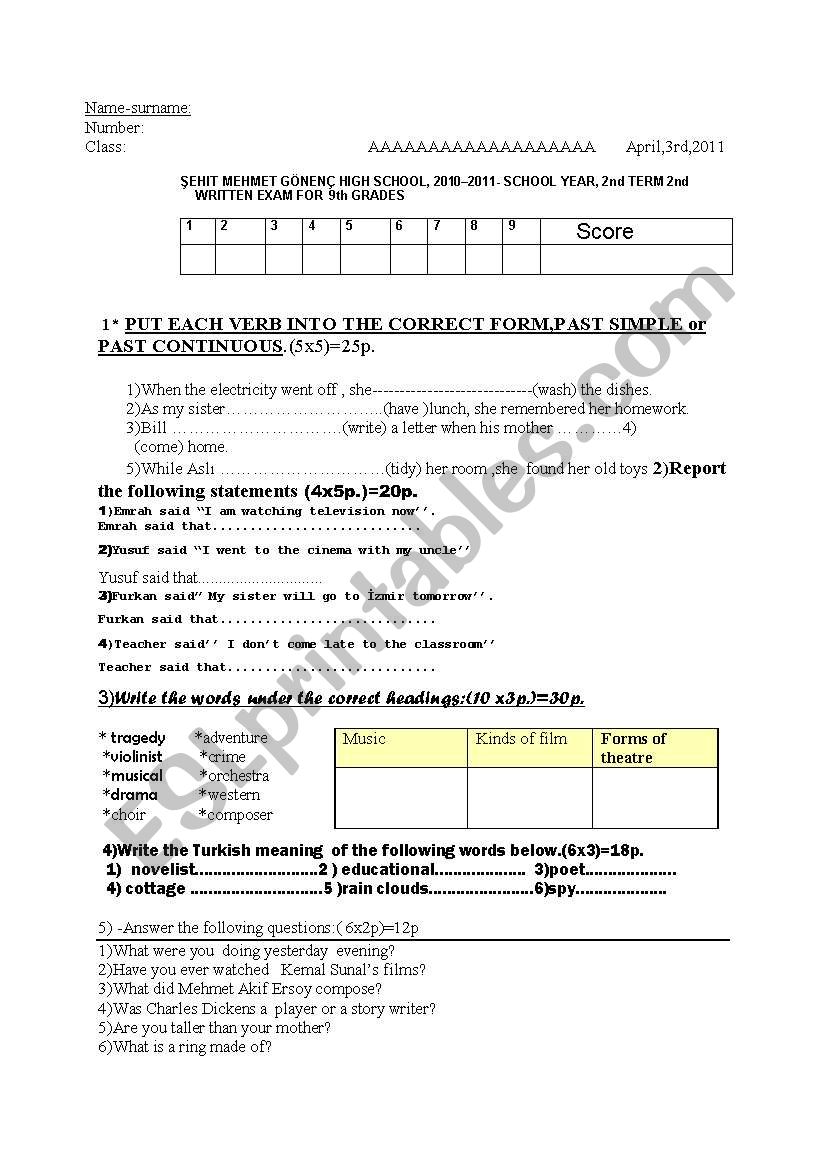 2nd exam for 9th grades worksheet