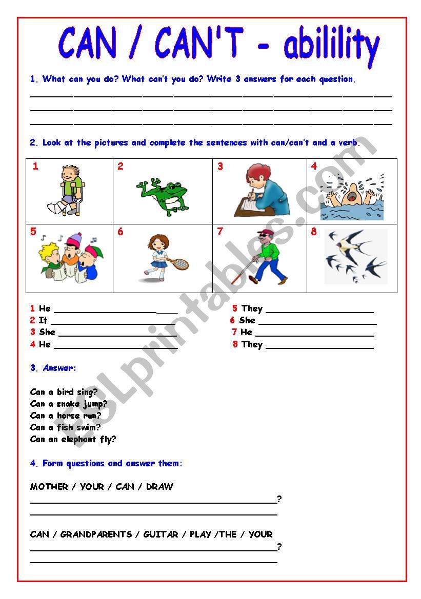 CAN/CANT (ability) Exercises worksheet