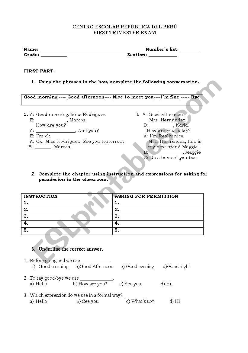 Exam worksheet