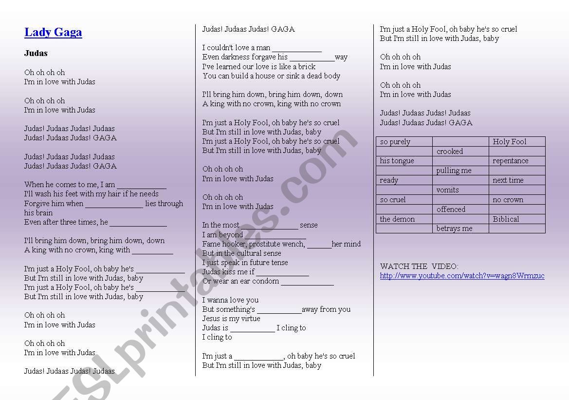 SONG: JUDAS - BY LADY GAGA worksheet