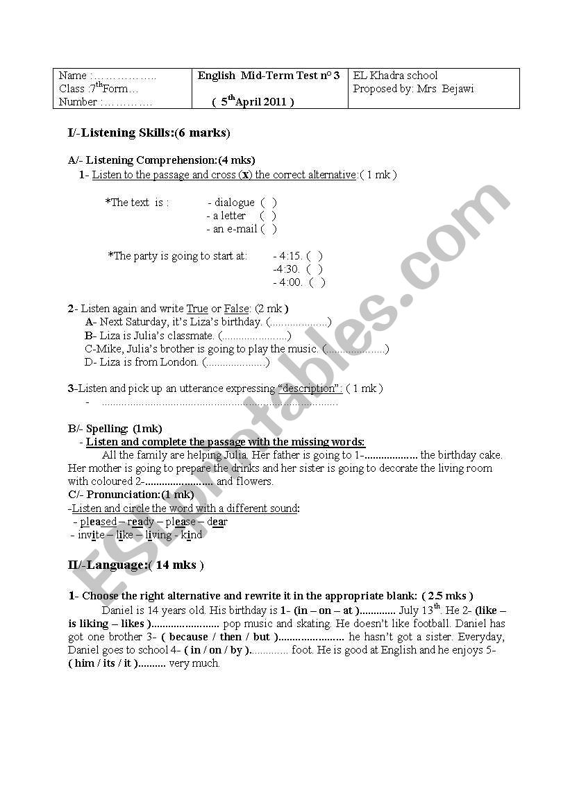 7th form test 2nd term worksheet
