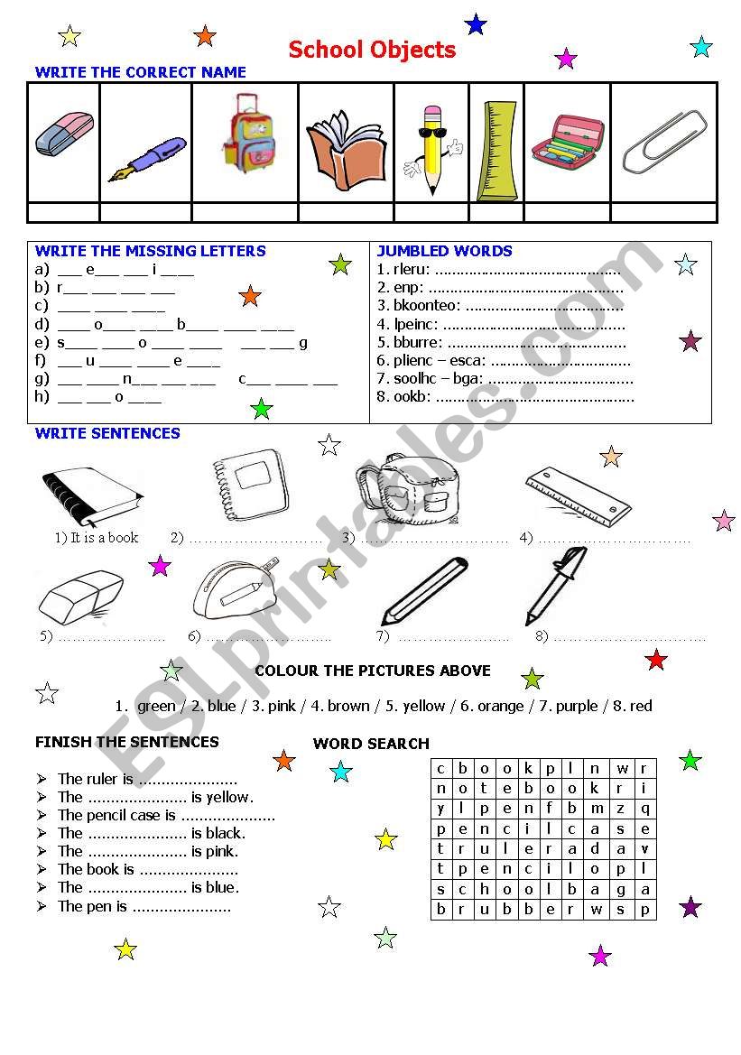 school objects worksheet