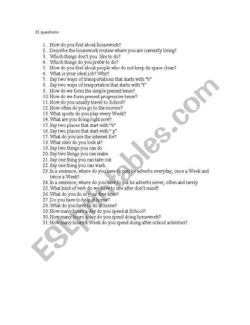 31 questions worksheet