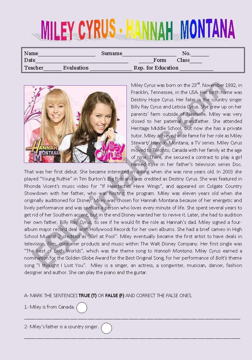 MILEY CYRUS - HANNAH MONTANA  worksheet