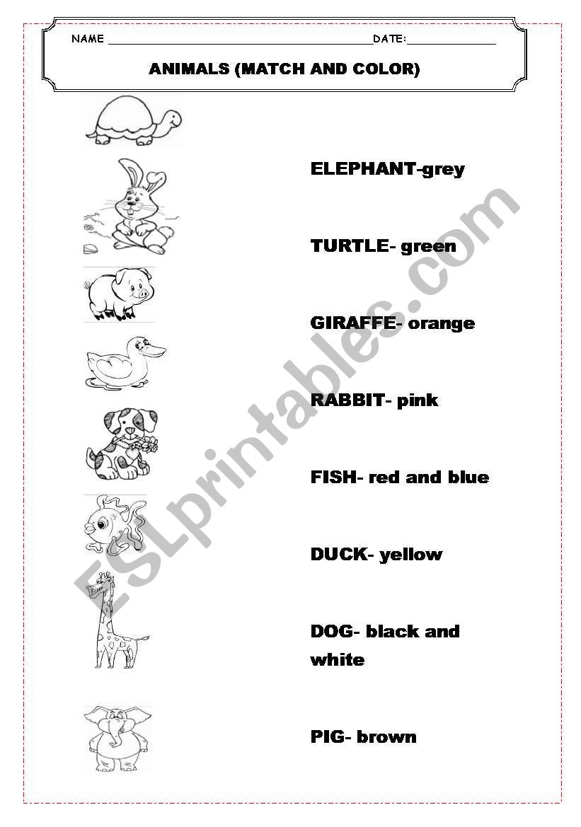 ANIMALS- match and color worksheet