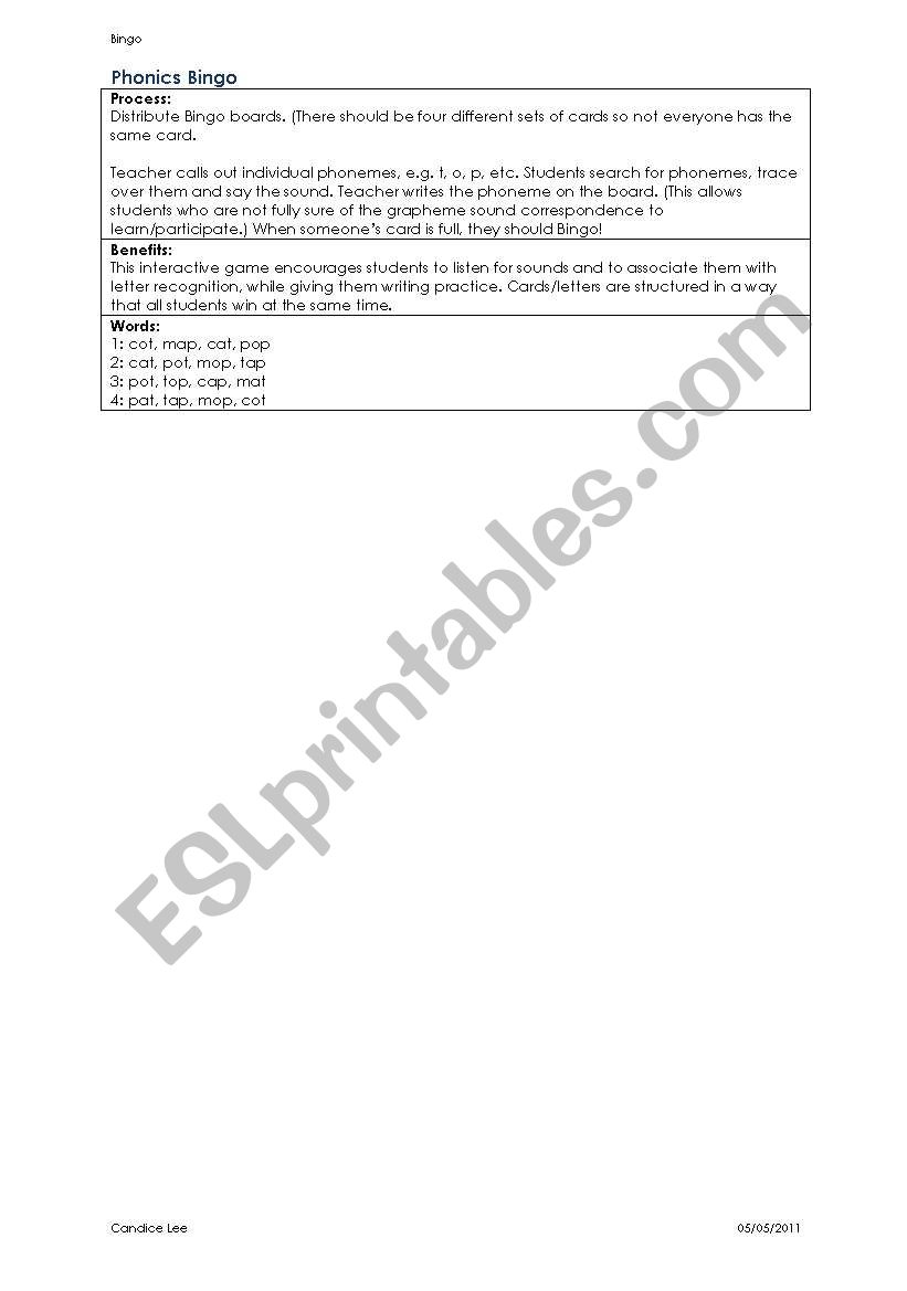 Phonics Bingo worksheet
