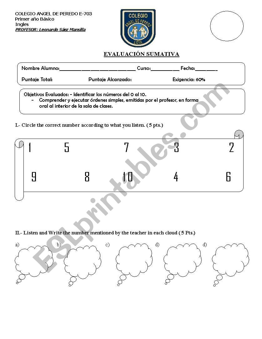 numbers written test worksheet