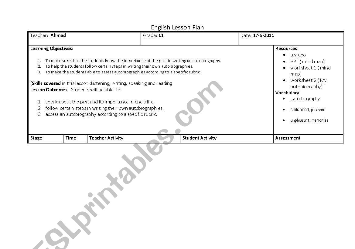 autobiography writing lesson plan