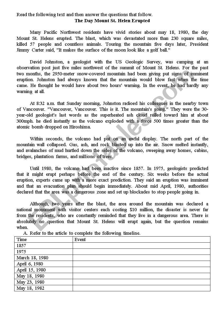 St Helen Volcano worksheet