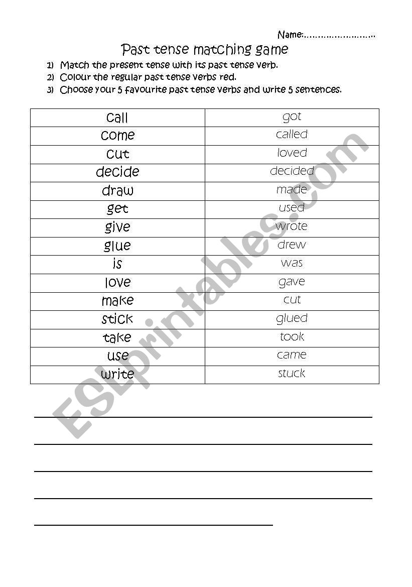 Past tense matching game worksheet