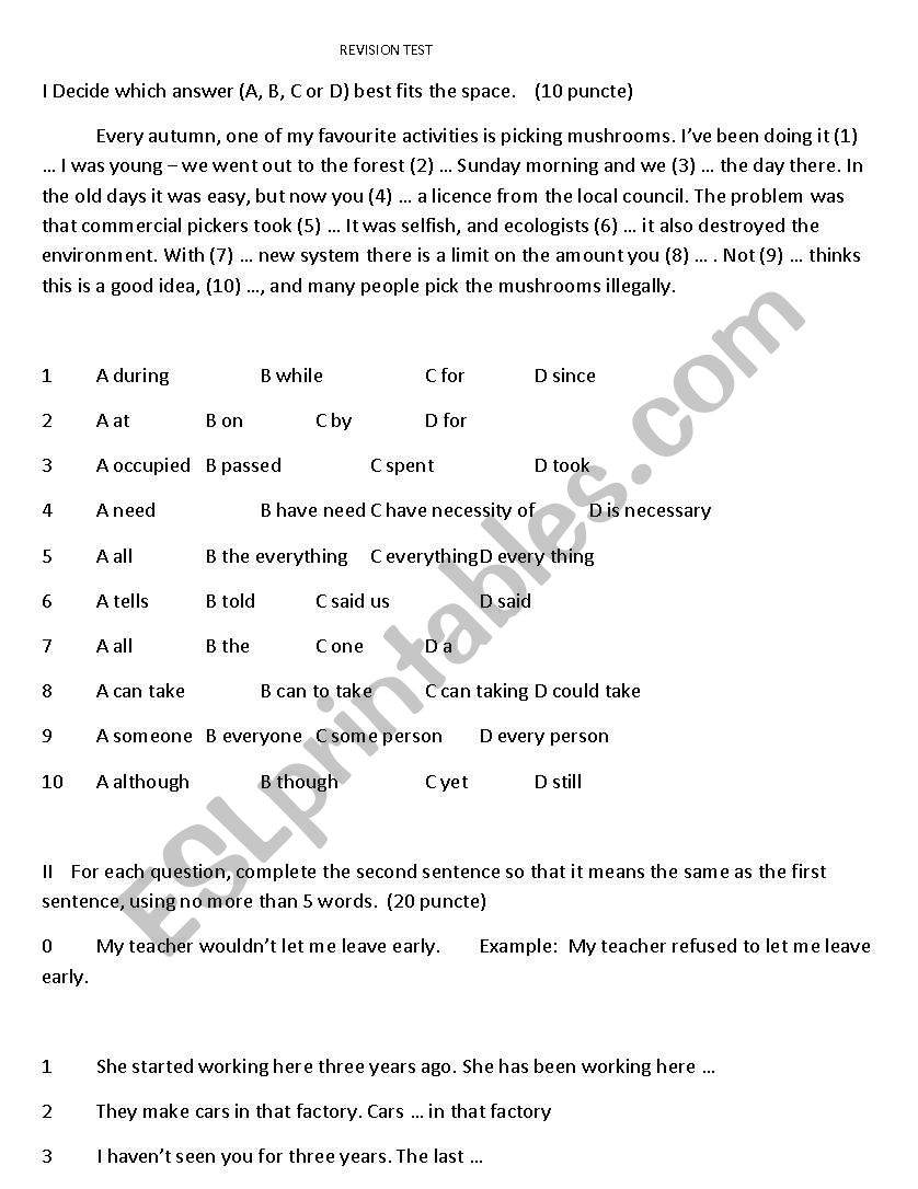 Revision test worksheet