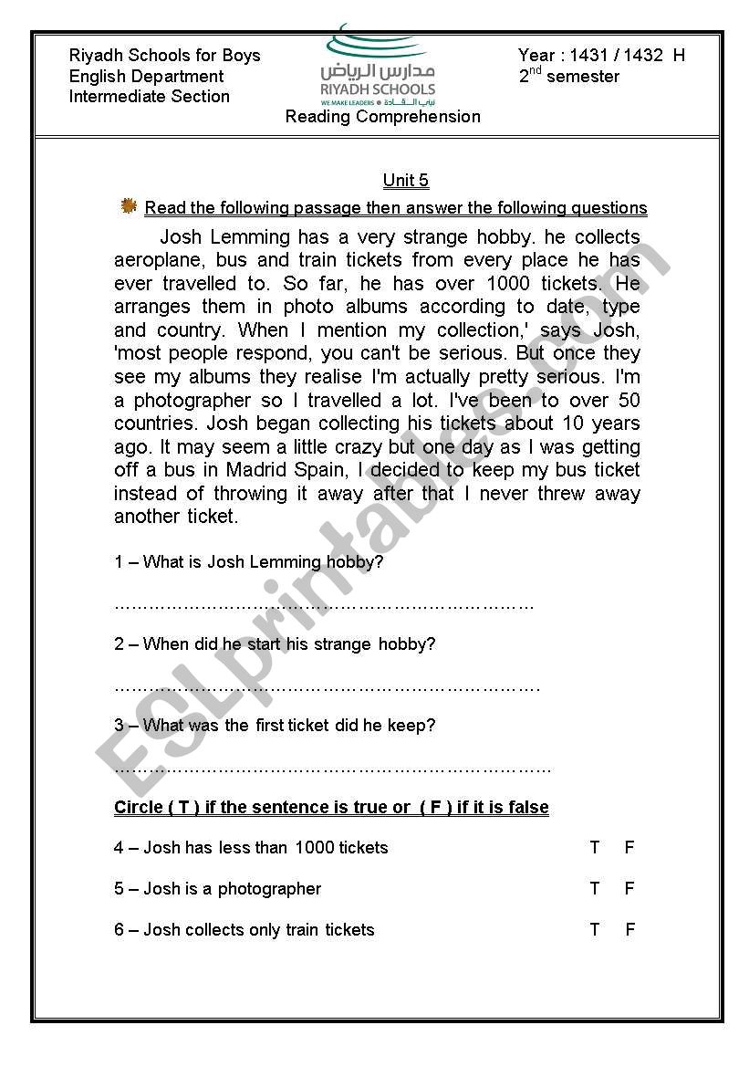 reading comprehension worksheet