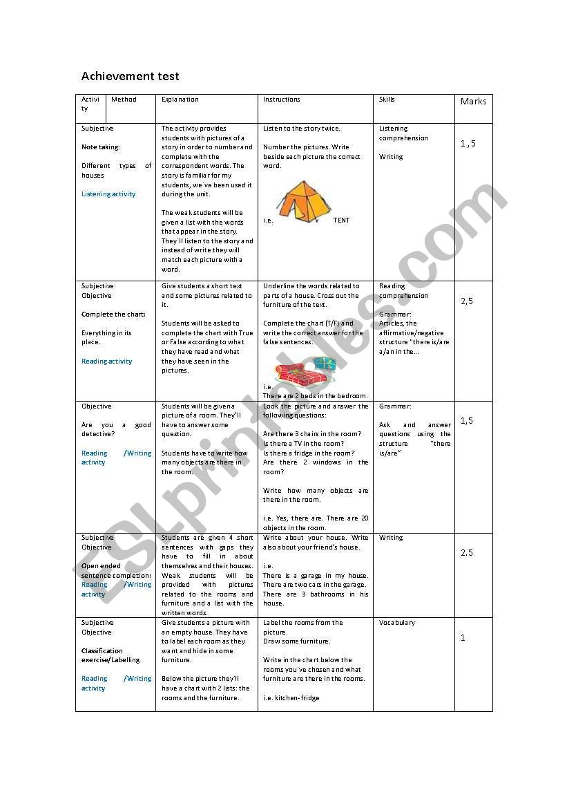 Achievement test worksheet