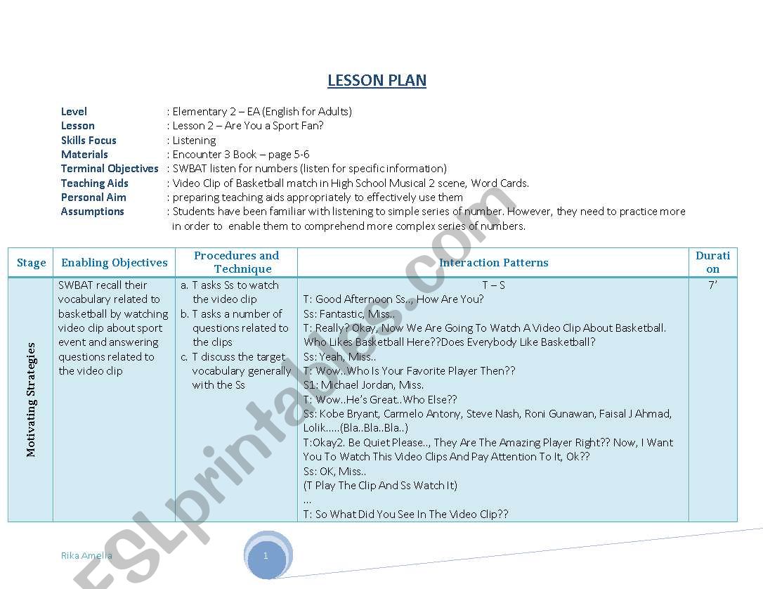 lesson plan listening (listening for numbers)