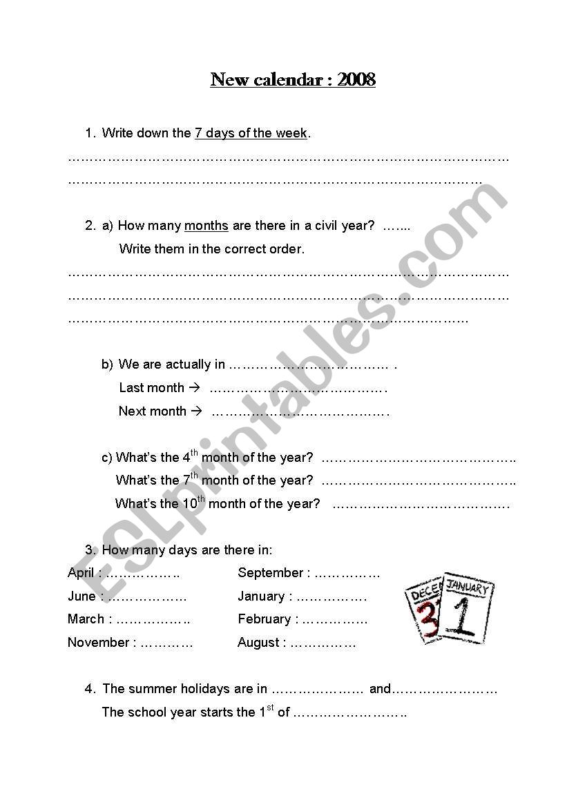 2008 calendar worksheet