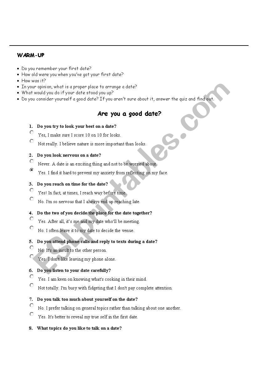 Are you a good date (QUIZ) worksheet