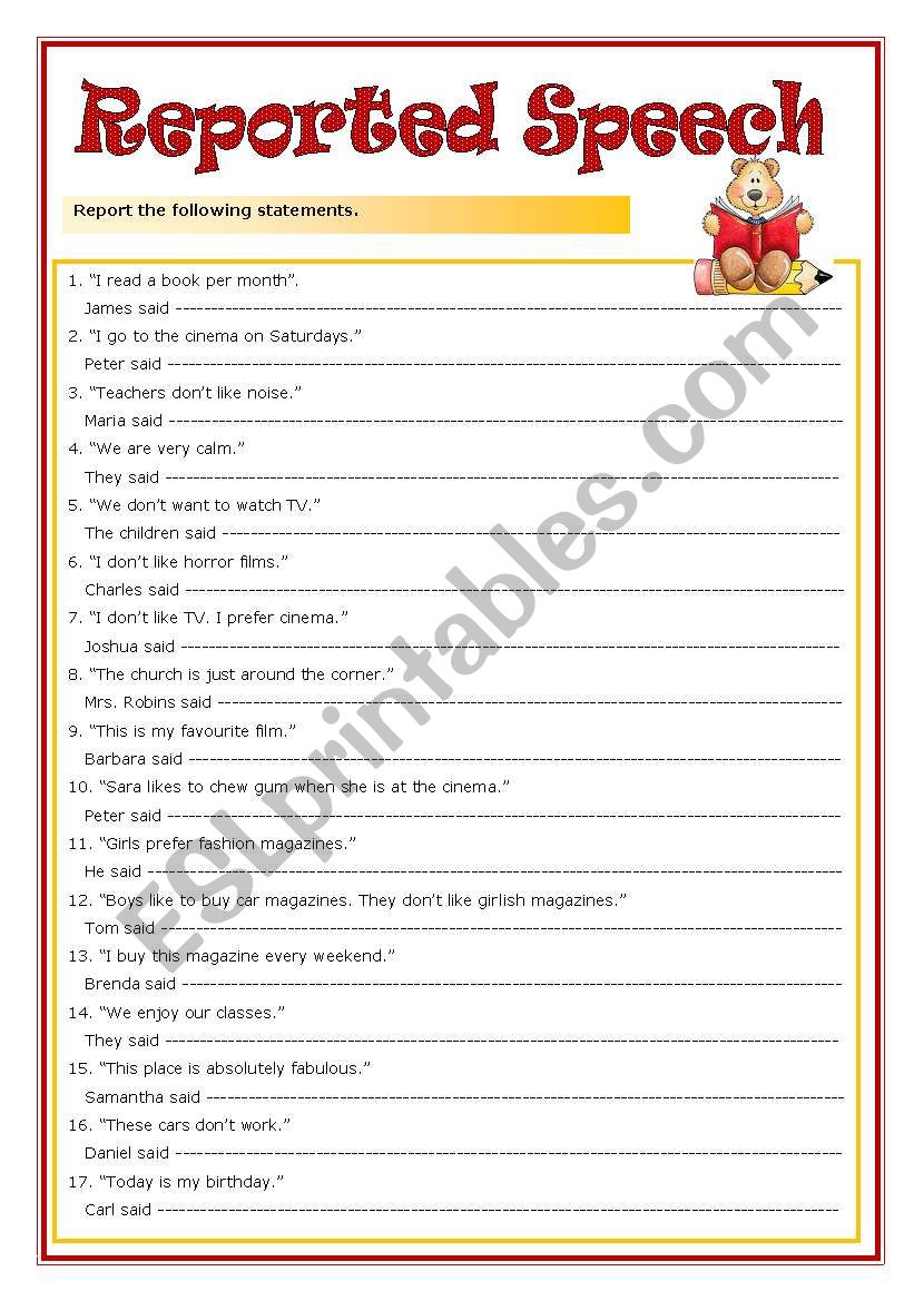 Reported Speech (with key) worksheet