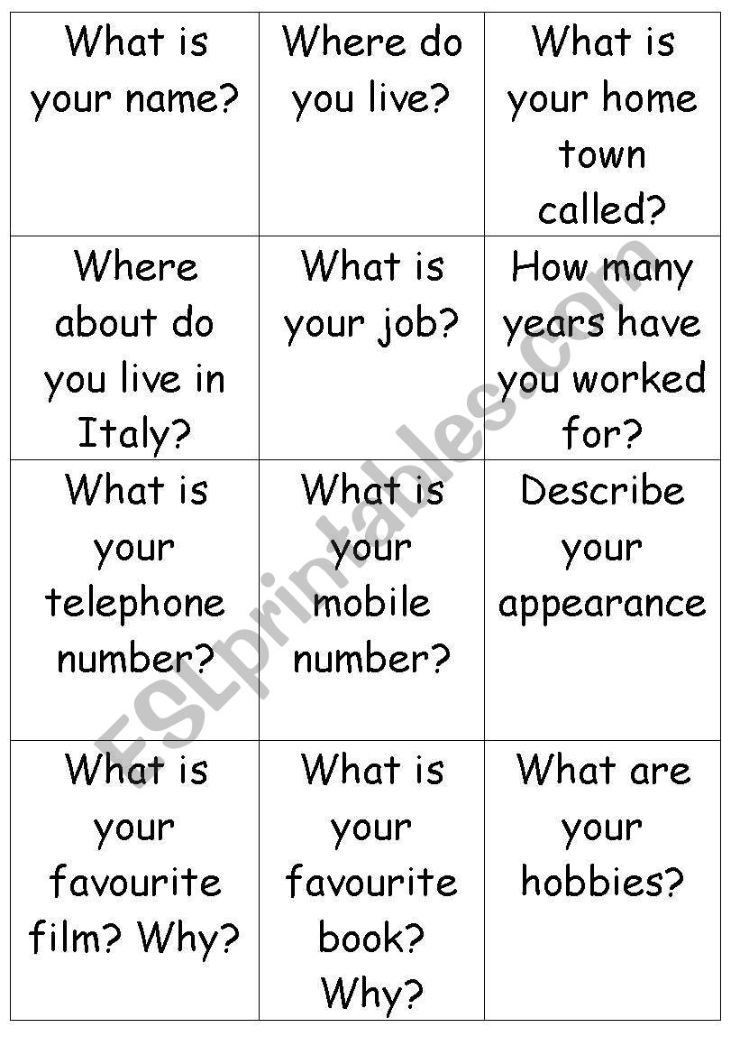 General question cards worksheet